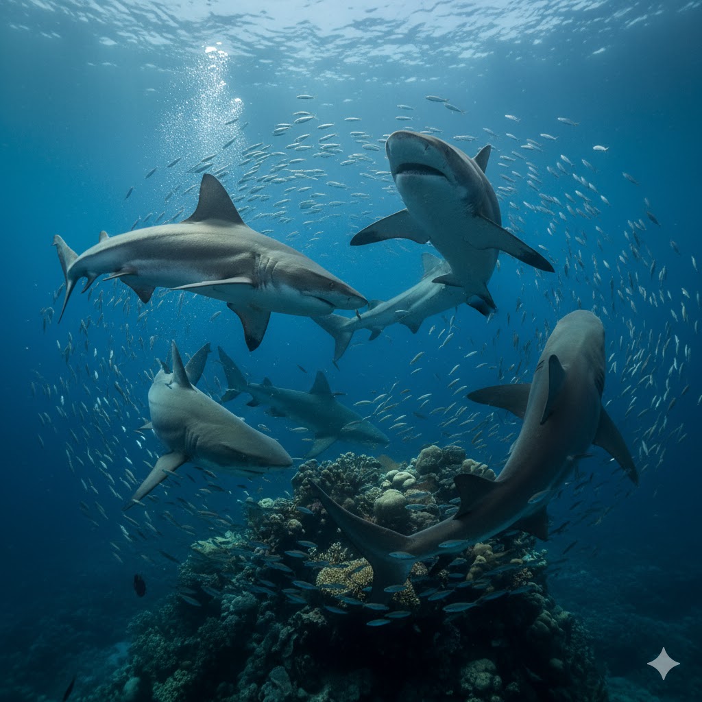 Multiple bull sharks circling in aggressive formation around a coral reef territory, dynamic action shot, swirling motion